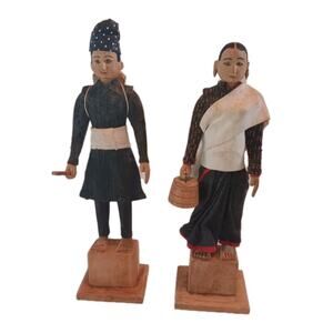 2 Tibetan Wooden Doll Handmade Indigenous Peoples Man Women 8"